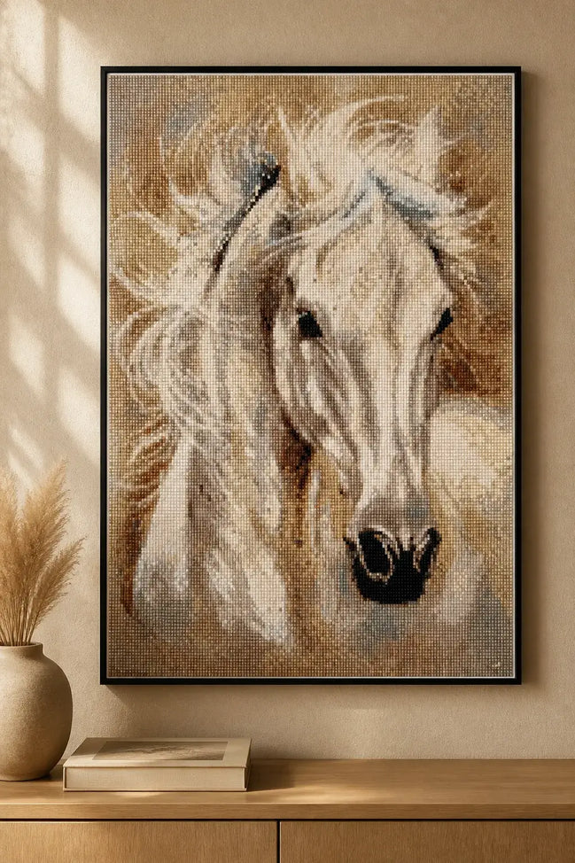 Whisperwind Stallion Diamond Painting showing a graceful white stallion in flowing motion with a soft, warm background.