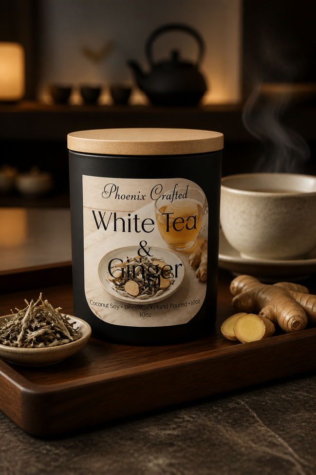 White Tea & Ginger Candle in a sleek black container on a wooden tray with herbs and a cup of tea.