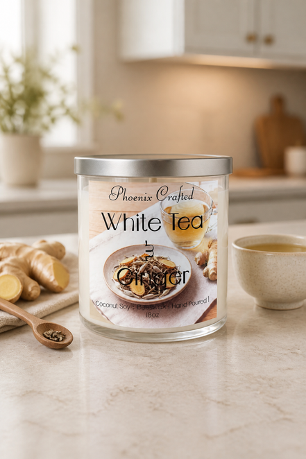 White Tea & Ginger Candle in a glass jar on a kitchen counter with ginger pieces and a cup of tea.