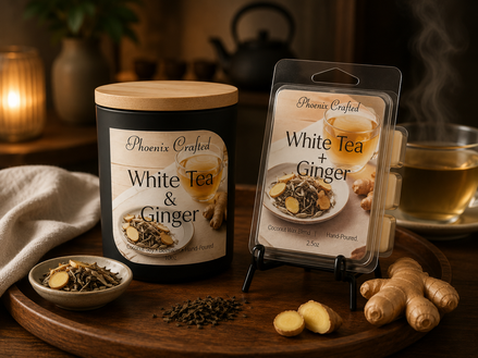 White Tea & Ginger candle and matching wax melts arranged together as a coordinated Phoenix Crafted gift set.