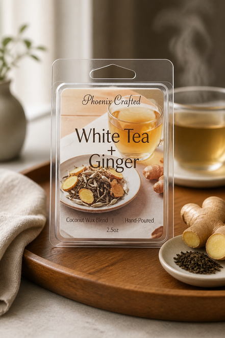 White Tea & Ginger Wax Melts in packaging on a wooden tray with ginger and tea, representing a refined wellness scent.