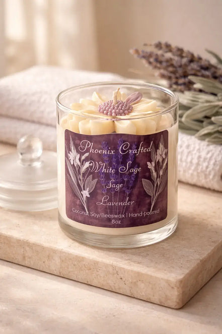 Clear glass jar candle with cream flower-shaped wax top and purple textured center, purple label, and lavender sprigs on a beige stone slab.