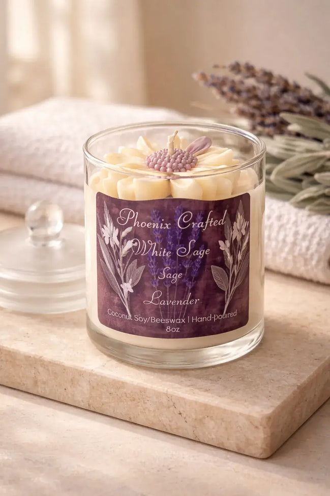 Clear glass jar candle with cream flower-shaped wax top and purple textured center, purple label, and lavender sprigs on a beige stone slab.