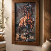 Framed vertical diamond painting of a galloping brown stallion with dark mane in warm tones.