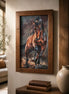 Framed vertical diamond painting of a galloping brown stallion with dark mane in warm tones.