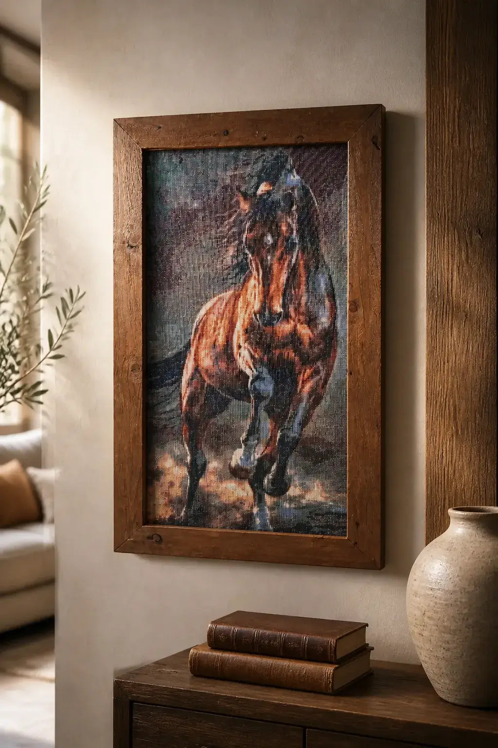 Framed vertical diamond painting of a galloping brown stallion with dark mane in warm tones.