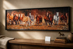 Wild Run Diamond Painting featuring a vibrant herd of horses in motion on a rustic wall.