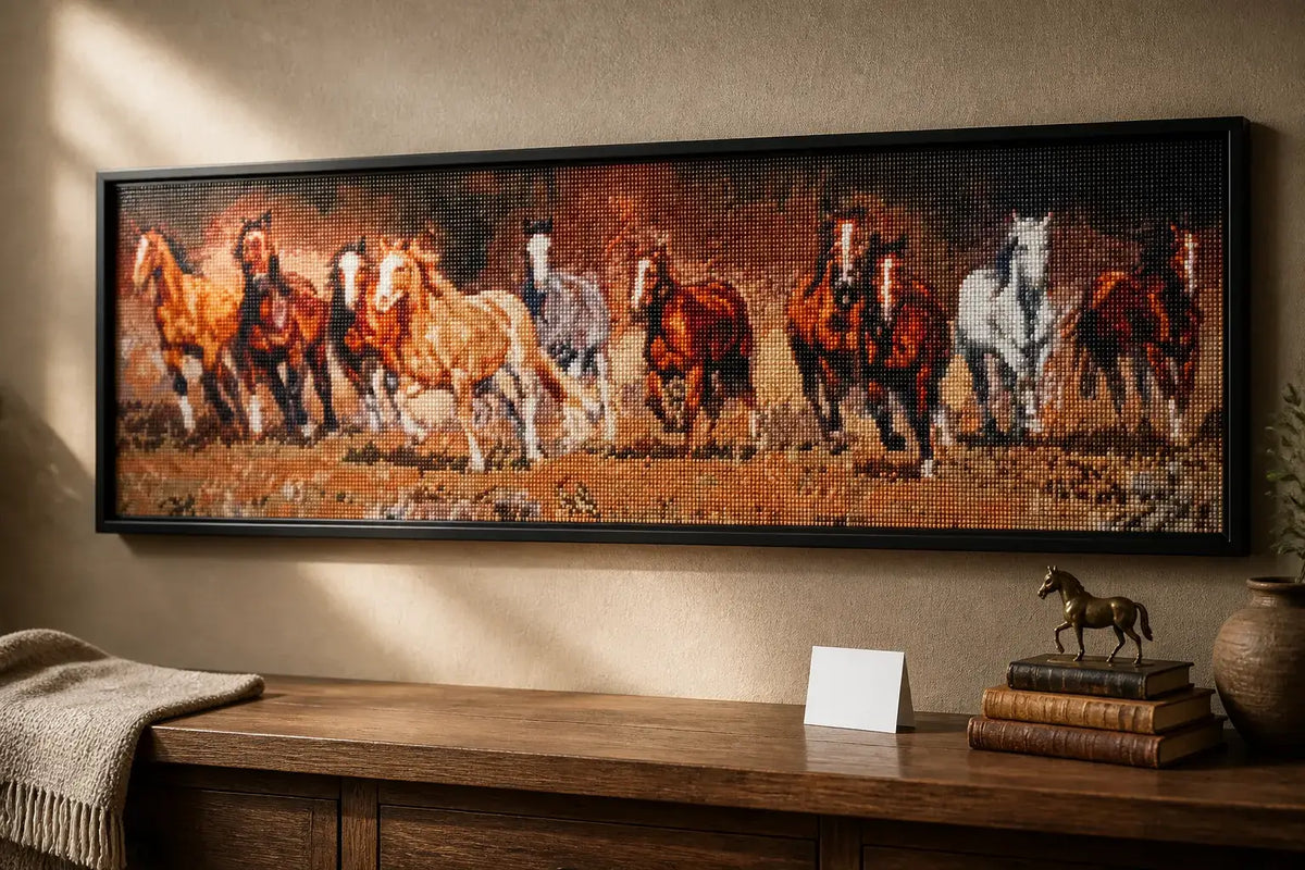 Wild Run Diamond Painting featuring a grayscale herd of horses in motion