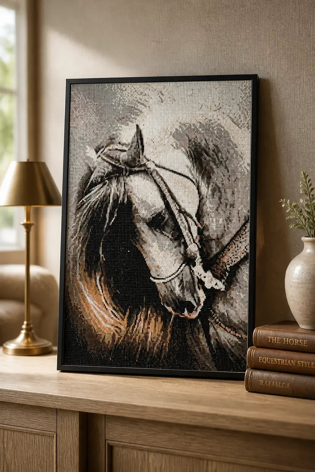 Wildmane Portrait finished horse diamond artwork shown in a styled frame mockup; artwork is sold unframed.