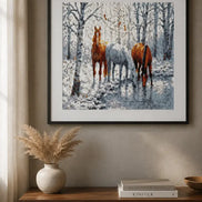Winter Haven Horses finished diamond artwork shown in a snowy-scene frame mockup; artwork is sold unframed.