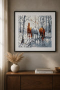 Winter Haven Horses Diamond Painting displayed in a stylish interior setting with a cozy decor.