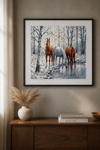 Winter Haven Horses Diamond Painting displayed in a stylish interior setting with a cozy decor.