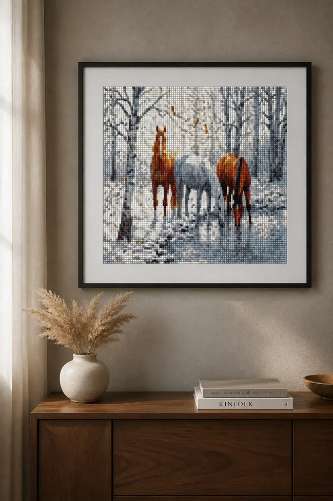 Winter Haven Horses finished diamond artwork shown in a snowy-scene frame mockup; artwork is sold unframed.