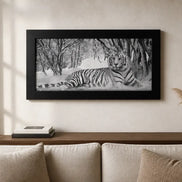 Winter Sentinel Diamond Painting: A striking grayscale tiger portrait in a winter forest with a black wood frame.