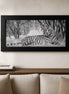 Winter Sentinel Diamond Painting: A striking grayscale tiger portrait in a winter forest with a black wood frame.