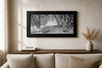 Winter Sentinel Diamond Painting: A striking grayscale tiger portrait in a winter forest with a black wood frame.