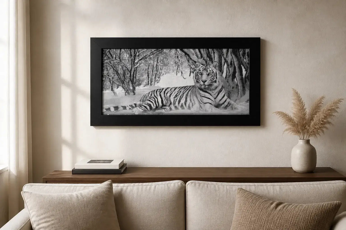 Winter Sentinel Diamond Painting: A striking grayscale tiger portrait in a winter forest with a black wood frame.