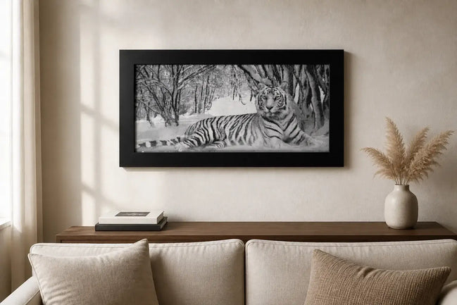Winter Sentinel Diamond Painting: A striking grayscale tiger portrait in a winter forest with a black wood frame.