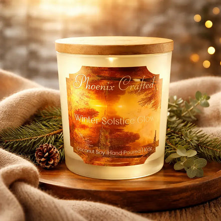 Winter Solstice Glow Candle from Phoenix Crafted, featuring a warm glow and elegant packaging with wintery decor.