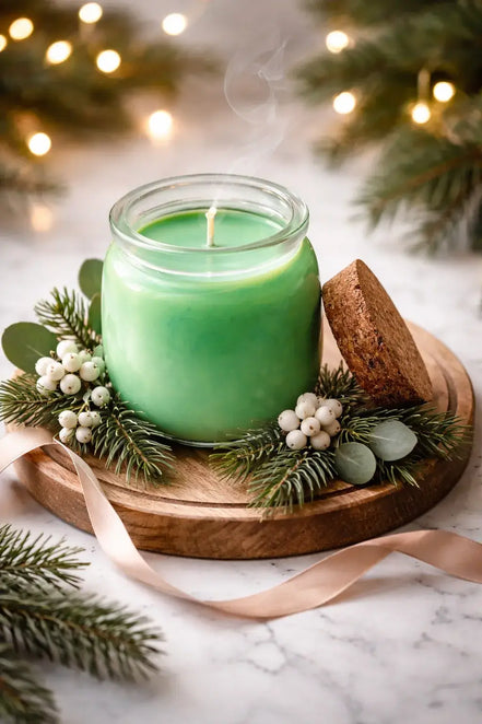 Winter Solstice Glow candle on a wooden tray surrounded by pine leaves and berries.