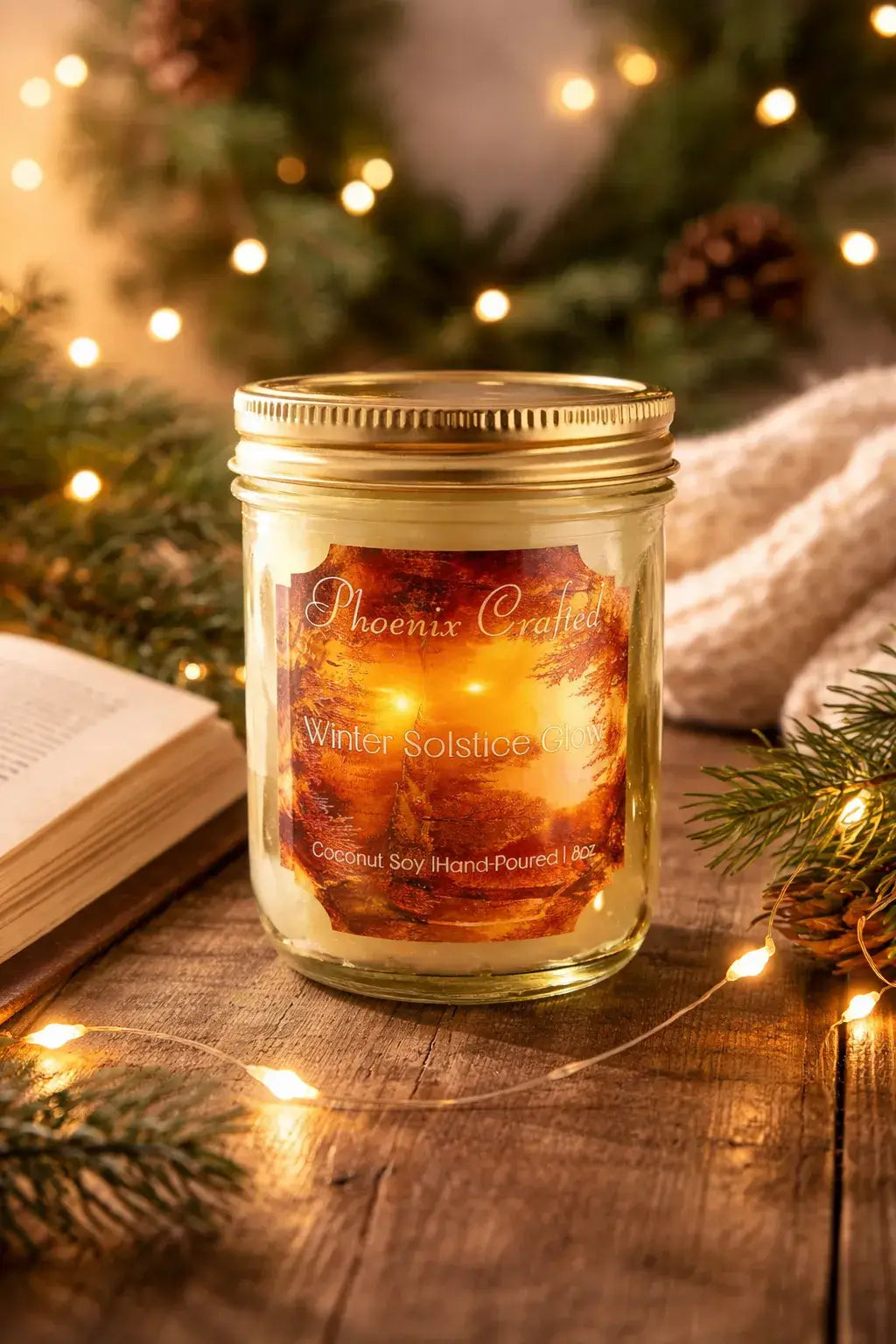 Winter Solstice Glow Candle in a glass jar surrounded by festive holiday lights and greenery.