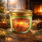 Winter Solstice Glow Candle in a decorative jar, surrounded by pine cones and festive greenery near a cozy fireplace.