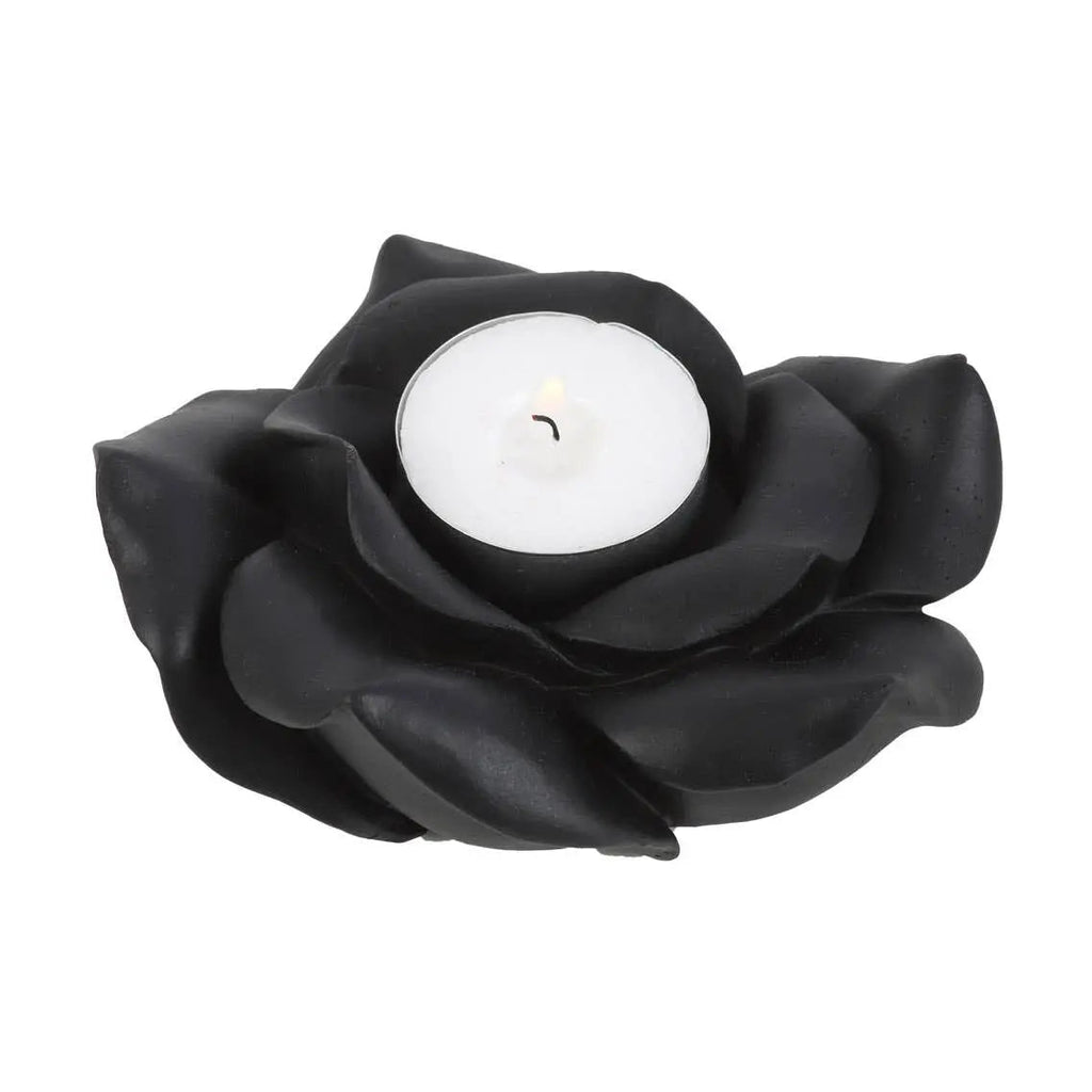 Black rose tealight candle holder made of resin, elegantly designed to create a romantic ambience.