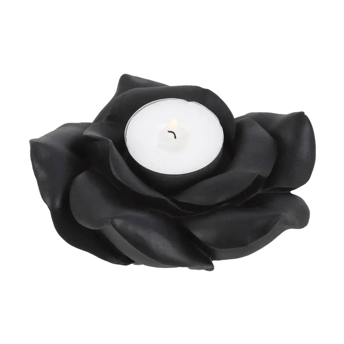 Black rose tealight candle holder made of resin, elegantly designed to create a romantic ambience.