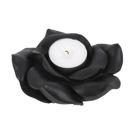 Black rose tealight candle holder made of resin, elegantly designed to create a romantic ambience.