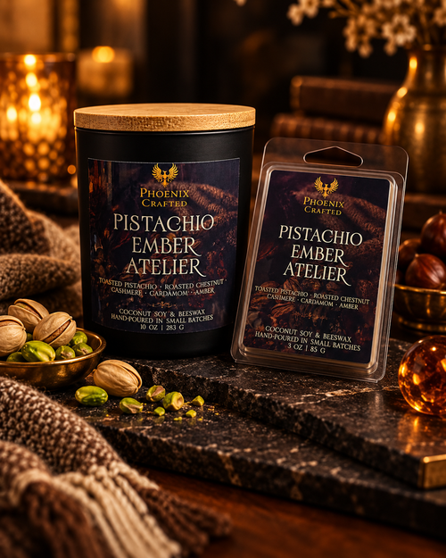 Build Your Own Candle + Wax Melt Duo featuring a Pistachio Ember Atelier 10 oz candle and matching 3 oz wax melt by Phoenix Crafted.