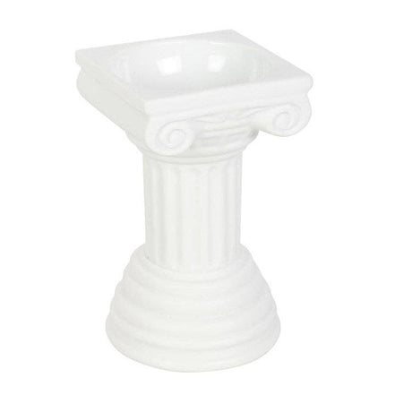 White column-shaped warmer with fluted shaft, Ionic-style scroll capital and square shallow dish, studio-lit on white background