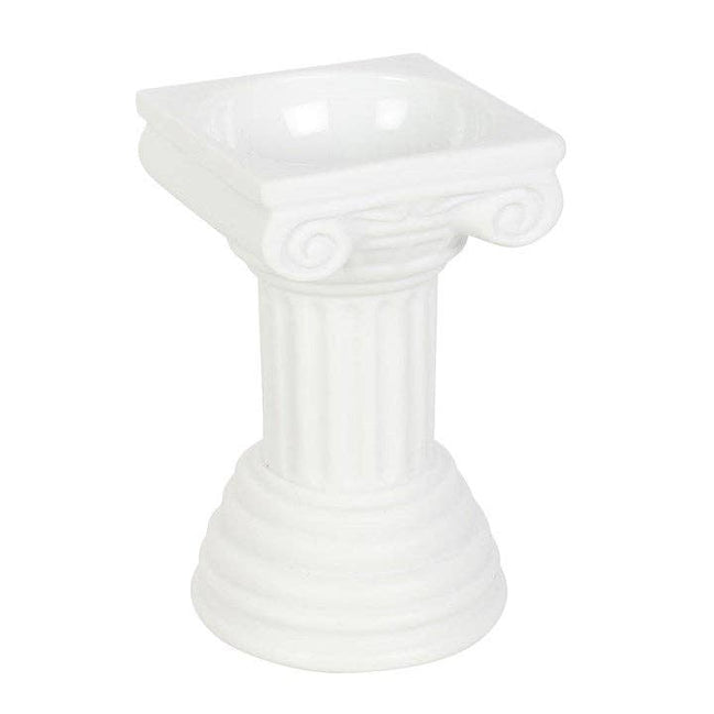 White column-shaped warmer with fluted shaft, Ionic-style scroll capital and square shallow dish, studio-lit on white background