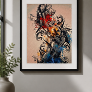 Completed abstract woman diamond painting with expressive black linework and vivid red, orange, blue, teal, gray, and white accents.