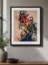 Completed abstract woman diamond painting with expressive black linework and vivid red, orange, blue, teal, gray, and white accents.