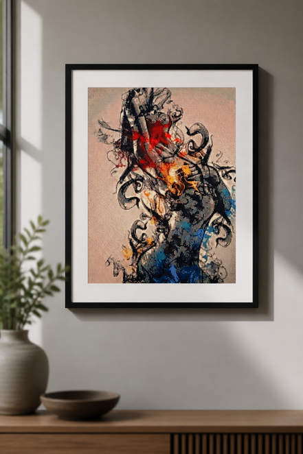 Completed abstract woman diamond painting with expressive black linework and vivid red, orange, blue, teal, gray, and white accents.