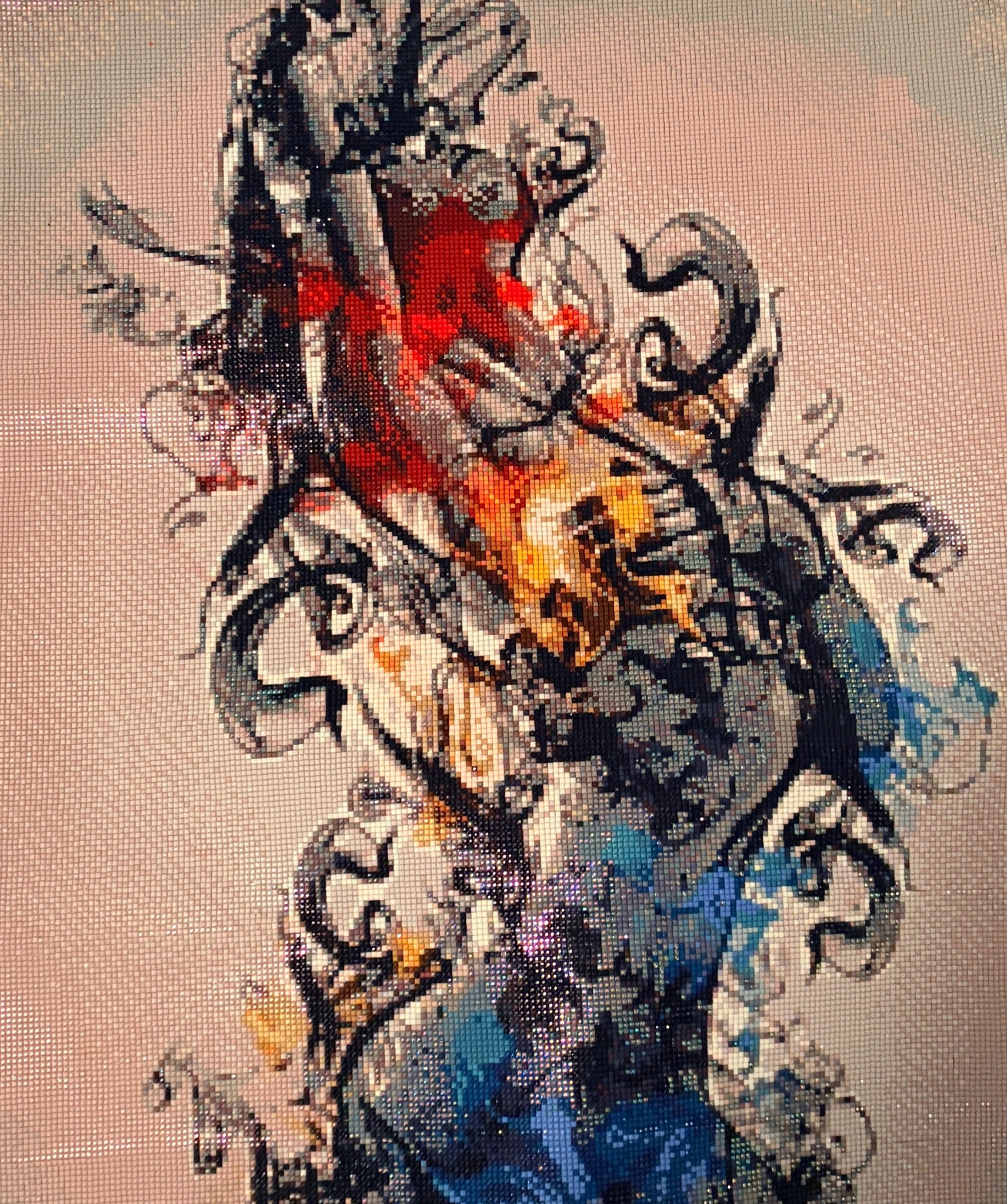 Completed cocktail glass diamond painting with a dramatic liquid splash in cream, charcoal, teal, and warm neutral tones.