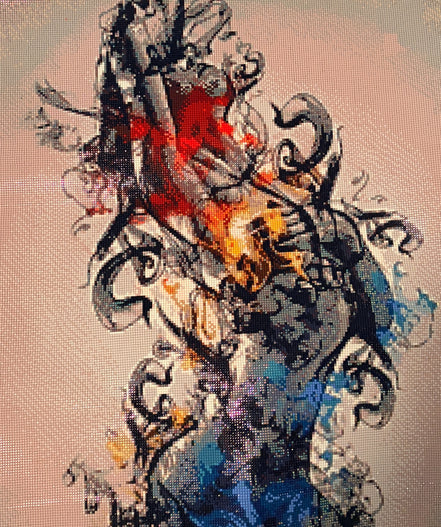 Completed cocktail glass diamond painting with a dramatic liquid splash in cream, charcoal, teal, and warm neutral tones.