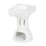 White Greek column-style wax warmer with square top bowl, fluted shaft, scroll capitals, and lower arched tea-light opening
