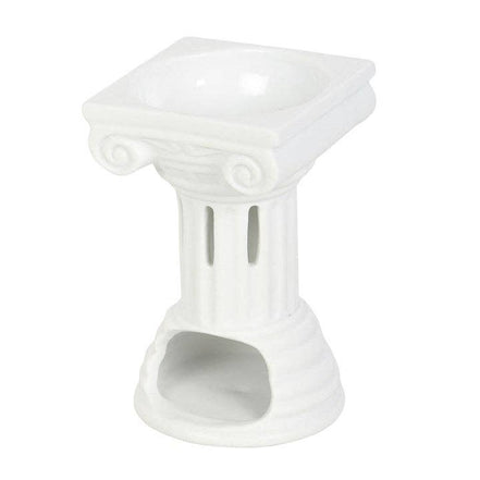 White Greek column-style wax warmer with square top bowl, fluted shaft, scroll capitals, and lower arched tea-light opening
