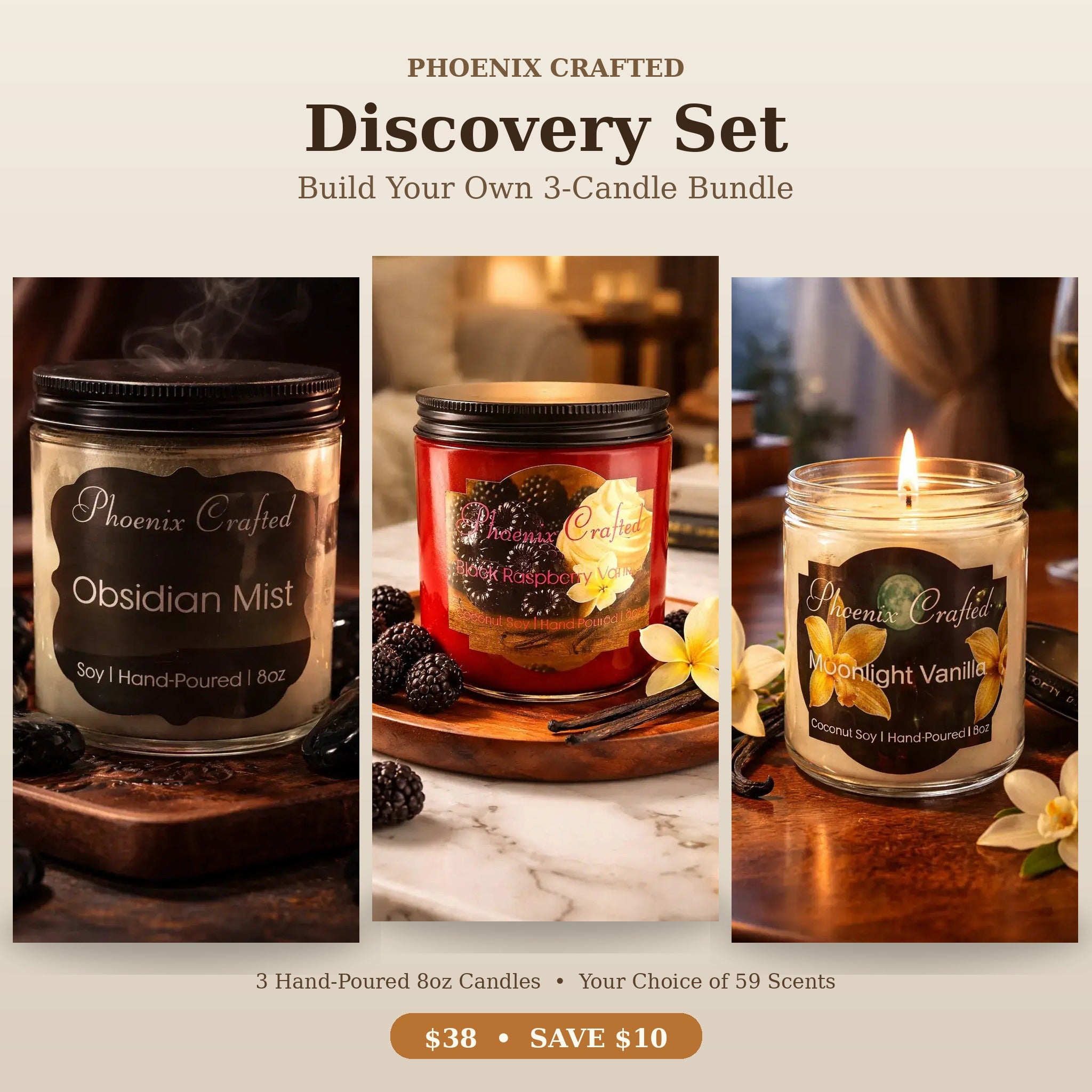 Phoenix Crafted Discovery Set featuring three handcrafted 8oz candles in various scents, perfect for gifting or personal use.