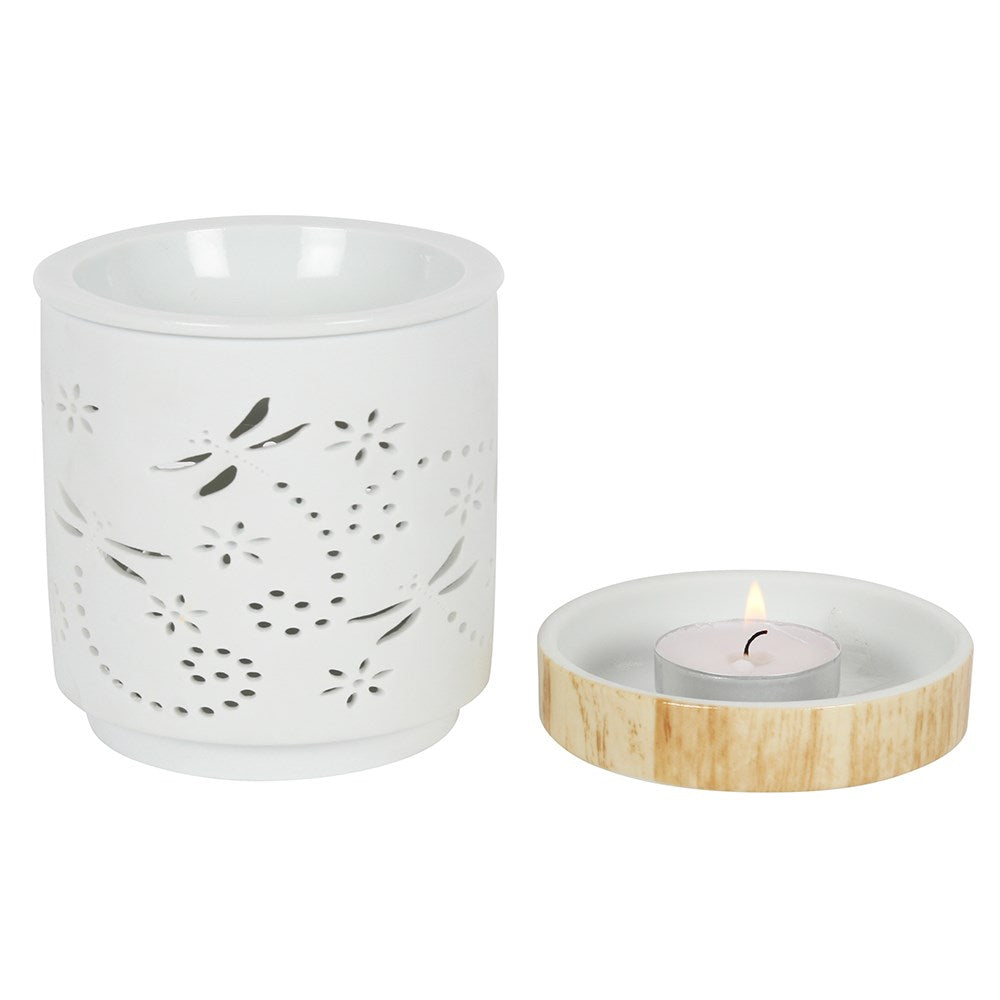 Dragonfly Matte Ceramic Oil Burner and Wax Warmer with wood-effect finish and tealight candle holder.