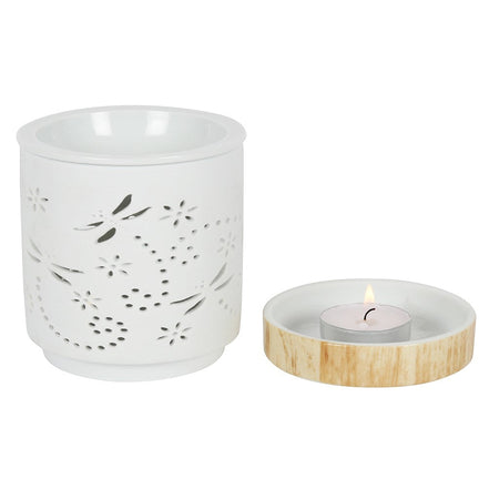Dragonfly Matte Ceramic Oil Burner and Wax Warmer with wood-effect finish and tealight candle holder.