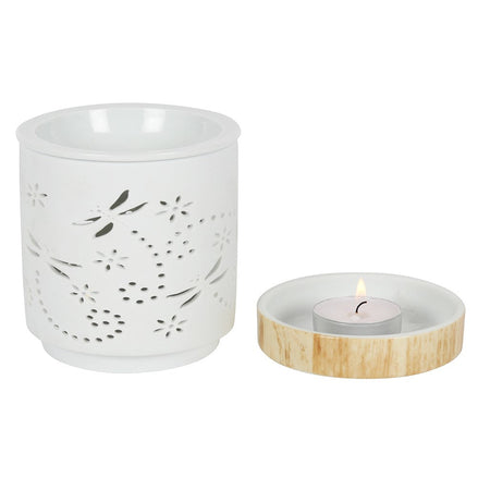 Dragonfly Matte Ceramic Oil Burner and Wax Warmer with wood-effect finish and tealight candle holder.