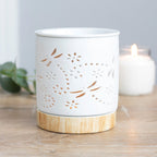 Dragonfly matte ceramic oil burner and wax warmer with wood-effect base, perfect for contemporary decor.