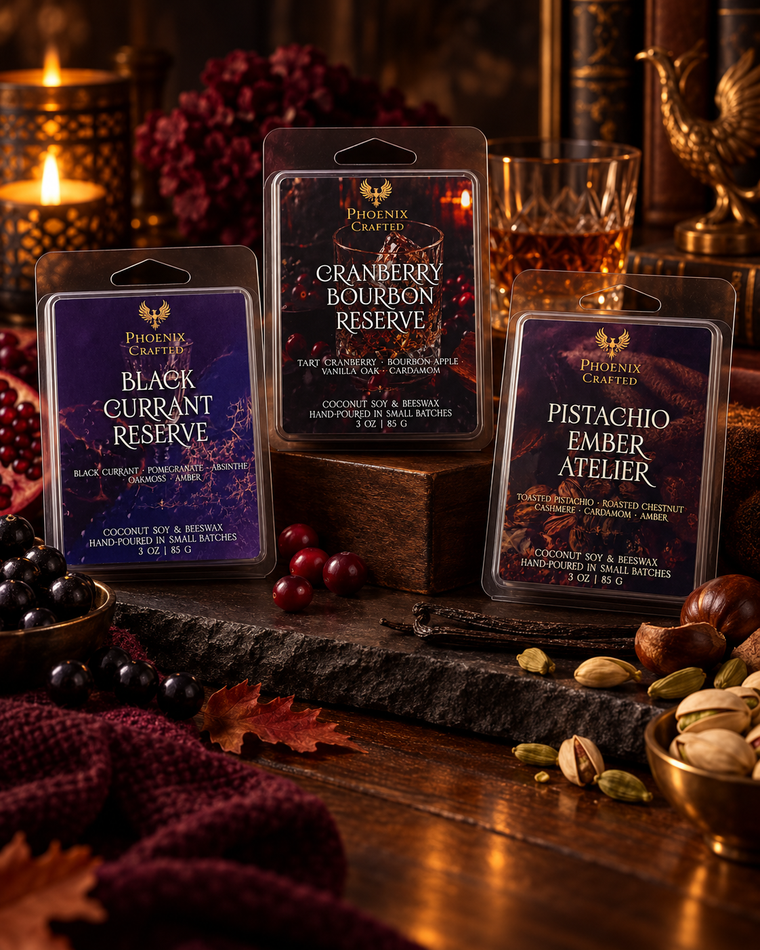 Black Currant Reserve, Cranberry Bourbon Reserve, and Pistachio Ember Atelier wax melt discovery set by Phoenix Crafted