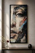 Fragmented Muse Diamond Painting featuring vibrant colors and striking portraiture in a modern interior.