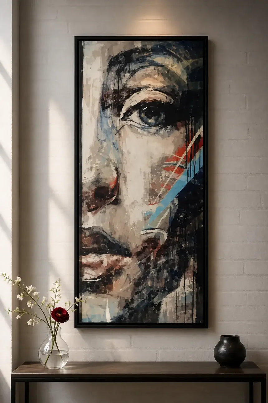 Fragmented Muse Diamond Painting featuring vibrant colors and striking portraiture in a modern interior.