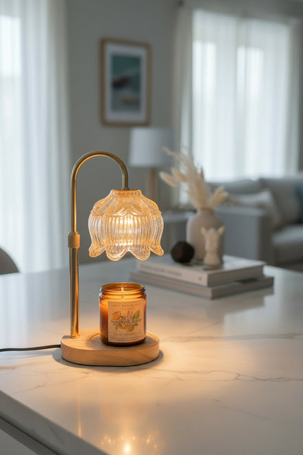 Lamp warmer for candles with dimmable light and timer, warming a jar candle on a stylish countertop.