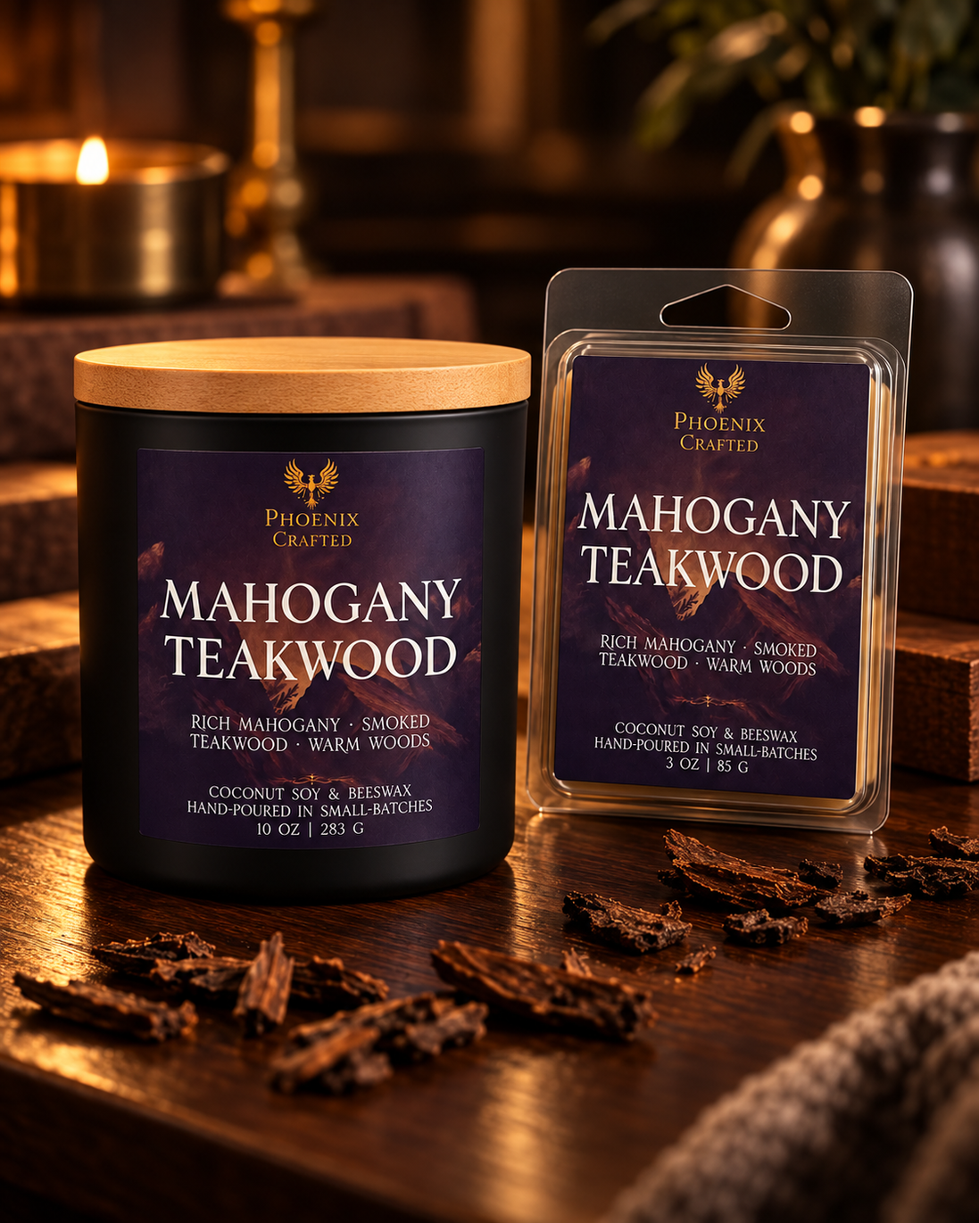 Mahogany Teakwood candle and matching wax melt gift set by Phoenix Crafted