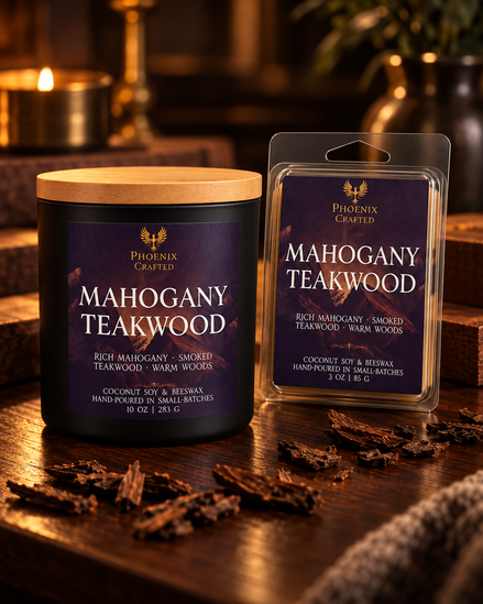 Mahogany Teakwood candle and matching wax melt gift set by Phoenix Crafted